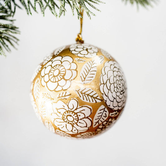 Papier Mâché Bauble / Gold with White Flower