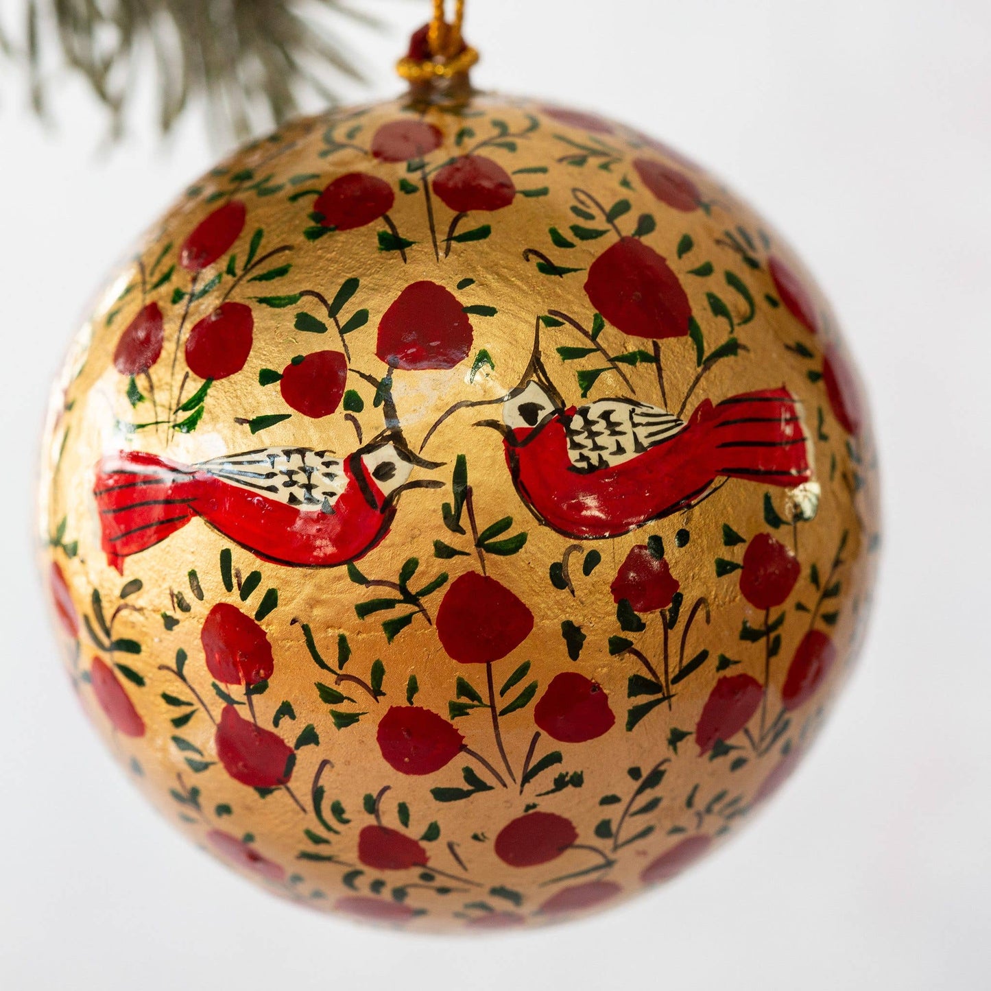 Papier Mâché Bauble / Gold & Red Bird